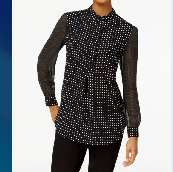 Anne Klein (Size L) Black & White Polka Dot Half Button LS Blouse (NEW-NWT) - Picture 1 of 16